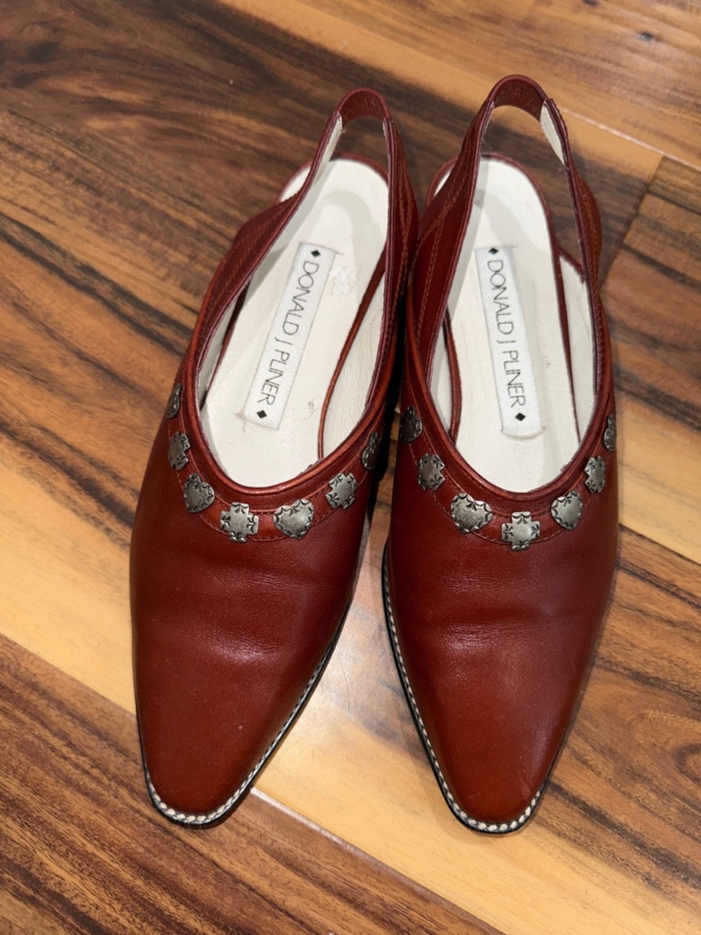 Donald J. Pliner Rust Red Leather Slingback Mules with Stud Trim